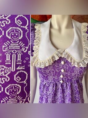 Vintage NOVELTY DRESS 1960s Babydoll Puffed Sleeves Purple Print Kidcore XS / S